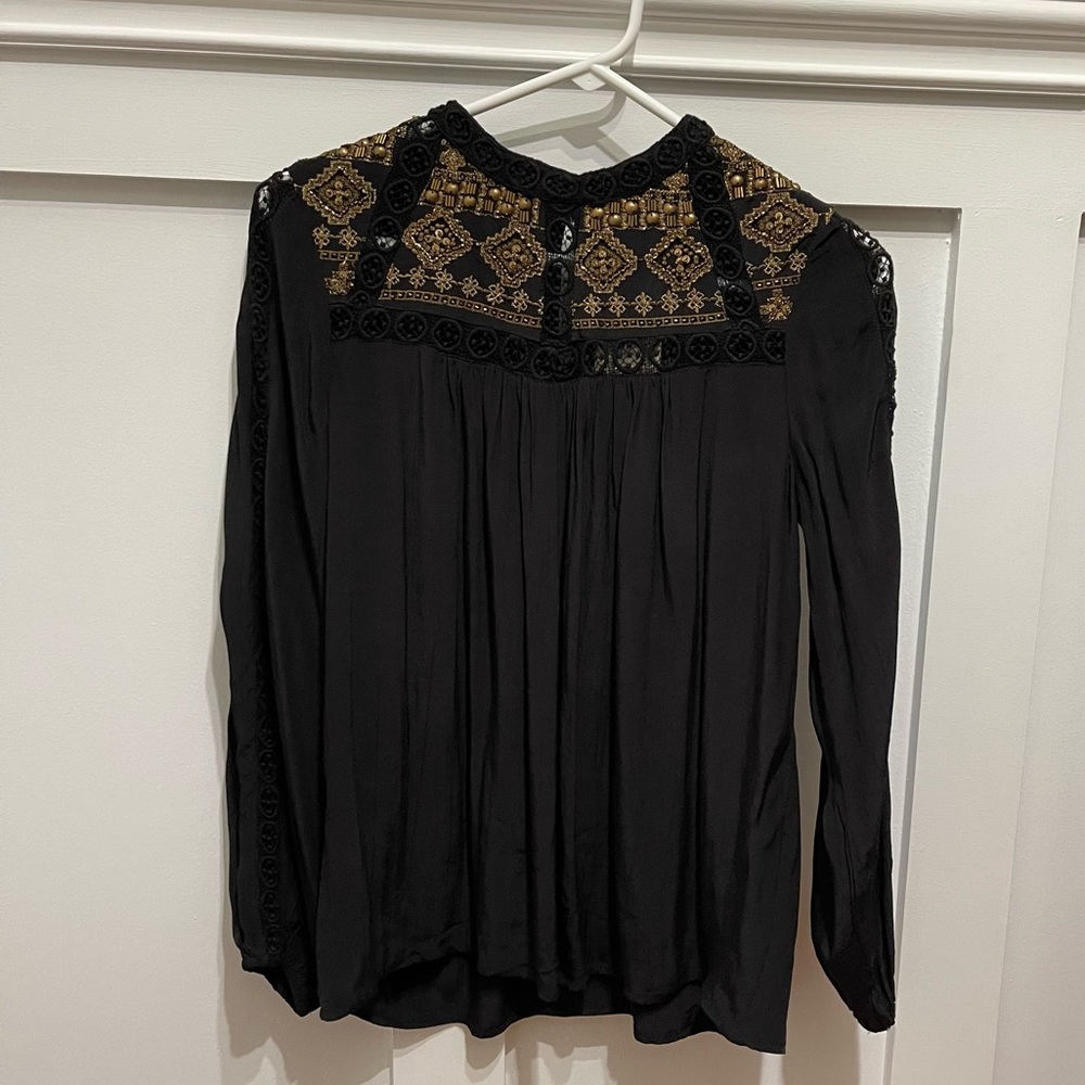 Lucky Brand Gold Thread & Beaded Embellished Lace Top/Blouse Size S NWT